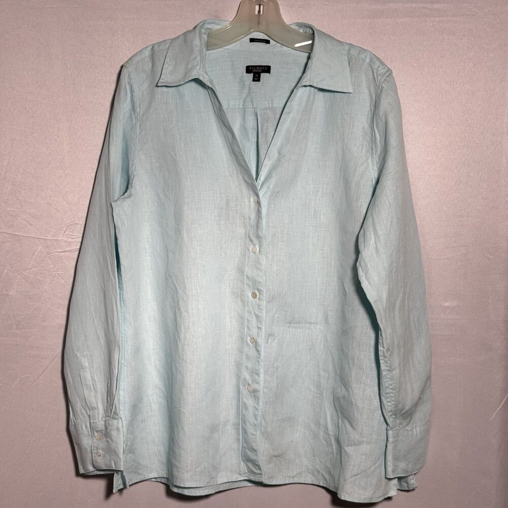 Talbots Pure Irish Linen Button Front Shirt Women’s Size 16 Light Blue Blouse